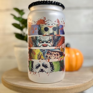 Horror 16oz glass can| Halloween| Scary movie| Spooky| Coffee| Libby glass| Sublimation| Gift| Rhinestones