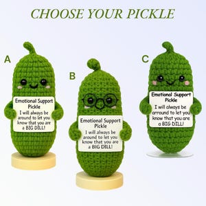 May include: Three green crocheted pickle figures, each holding a sign that reads "Emotional Support Pickle." The text on the signs says "I will always be around to let you know that you are a BIG DILL!" One pickle wears glasses.
