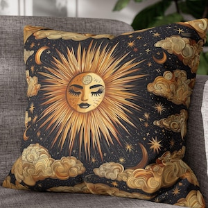 Boho Celestial Moon Sun Pillow Case Clouds Pillow Bohemian Home Decor, Cozy Cushion, Astrology Gift, Living Room Accent, Spiritual Bedroom