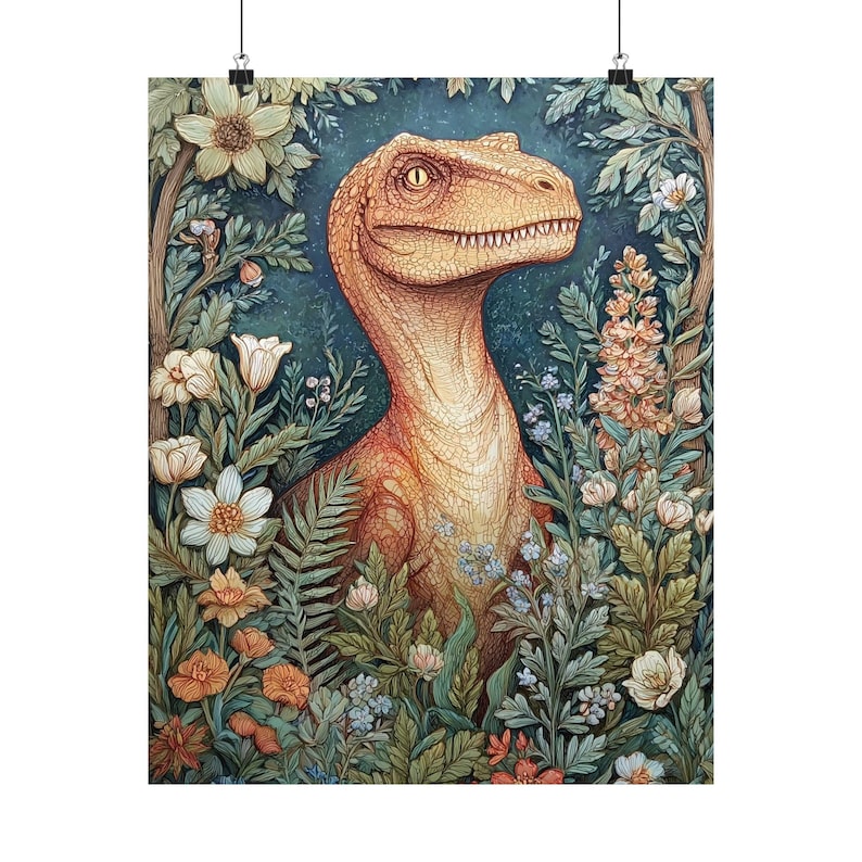Dinosaur Wall Art Print Floral Poster | Retro Decor, Kids Room Unique Art , Dino Lovers, image 9