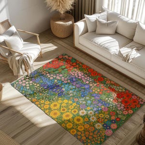 Gustav Klimt Inspired Vintage Floral Area Rug | Colorful Botanical Flower Meadow Carpet Pattern image 12