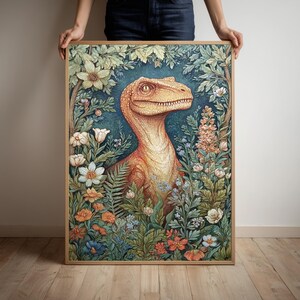 Dinosaur Wall Art Print Floral Poster | Retro Decor, Kids Room Unique Art , Dino Lovers, image 3