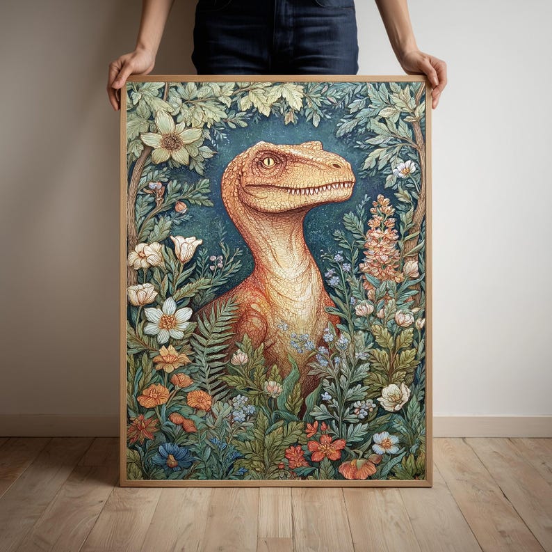 Dinosaur Wall Art Print Floral Poster | Retro Decor, Kids Room Unique Art , Dino Lovers, image 3