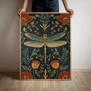 William Morris Dragonfly Print Vertical Poster, Botanical Wall Art, Home Decor, Gift for Nature Lovers, Aesthetic Wall Art, Floral Print
