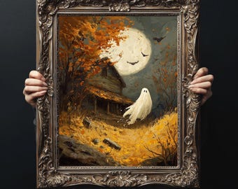 Impresión de Halloween de fantasmas espeluznantes, decoración vintage de otoño con estilo cottage chic