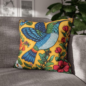 Humming Bird Pillow Case, Hummingbird Art , Colorful Home Decor, Boho Flowers Accent Bird Pillow Cover, Gift for Nature Lovers, Living Room
