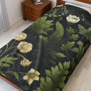 Velveteen Plush Dark Green Blanket | Greenery Blanket, Cozy Throw for Home Decor, Botanical Gift for Nature Lovers,  Floral Accent, Warm