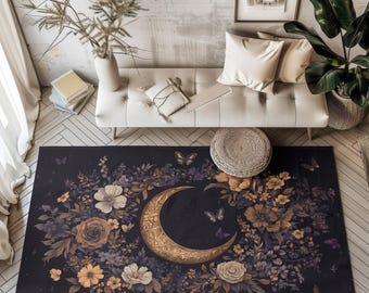 Floral Crescent Moon Area Rug, Bohemian Witchy Decor