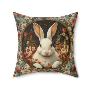 Fluffy Bunny Pillow , Floral Frame Cover Faux Suede ,  Animal Sham, Botanical Enchanted Garden Decor, Spring Pillow Case, Rabbit Cushion,