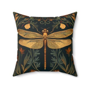 William Morris inspirierte Libelle Kissen, Vintage botanische dekorative Faux Wildleder Kissenbezug, Gold auf Schwarz, Dark Academia Boho Decor