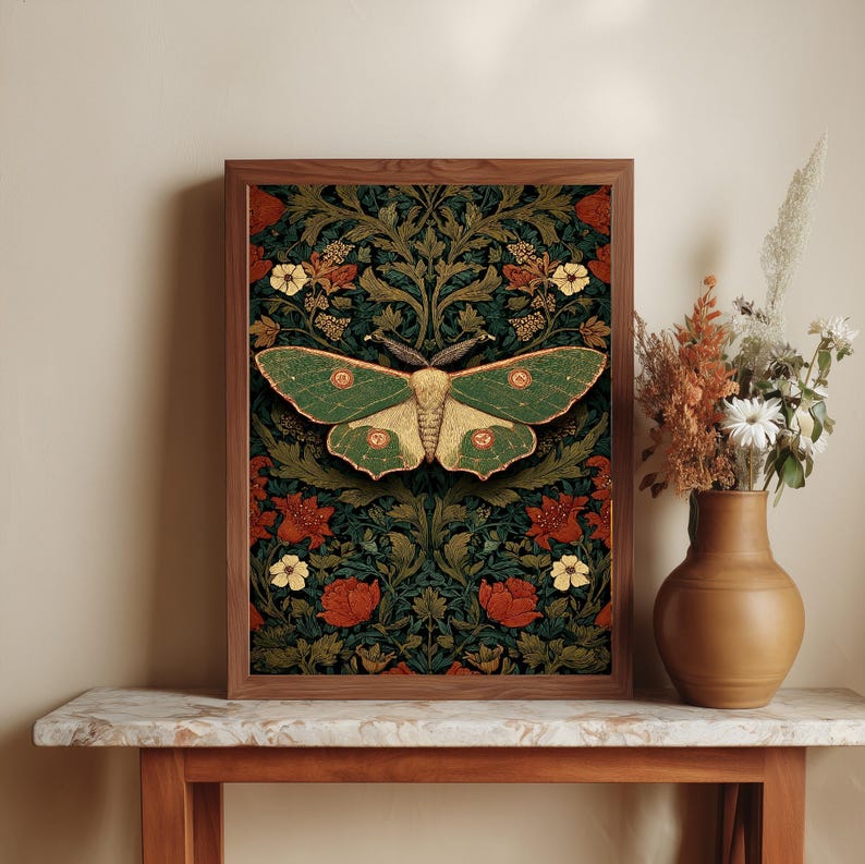 Botanical Luna Moth Art Print | William Morris Inspired Decor - Etsy