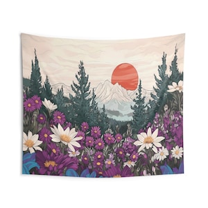 Forest Tapestry , Nature Sunset Wall Hanging, Meadow Floral Decor, Mountain Landscape Tapestry, Cozy Home Art, Indoor Wall Tapestries