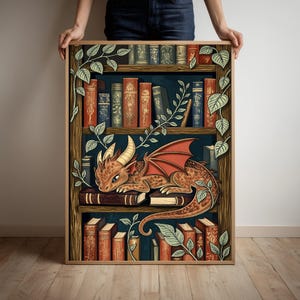 Reading Gifts Poster , Dragon Wall Art Print, Fantasy Bookshelf Decor, Library Art Themed Poster, Gift for Book Lovers, Cute Dragon Artwork