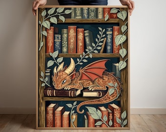 Poster regalo per la lettura, stampa artistica da parete con drago, decorazione per libreria fantasy, poster a tema arte della biblioteca, regalo per gli amanti dei libri, graziosa opera d'arte con drago
