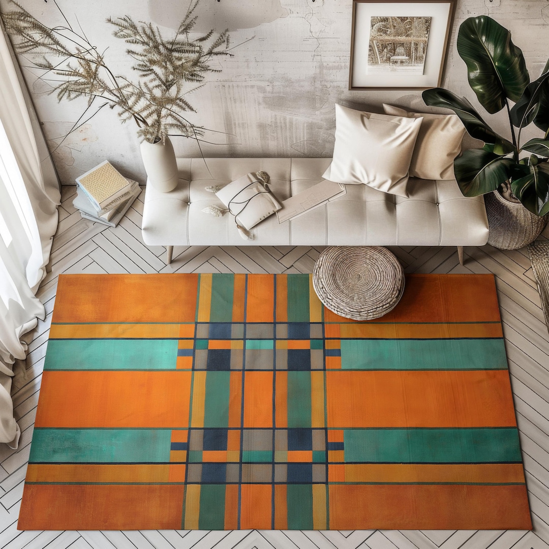 Mid Century Modern Geometric Rug, Teal Orange Carpet - Etsy