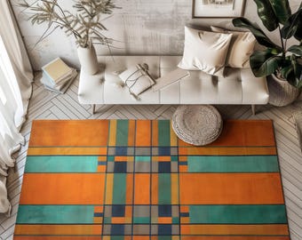 Mid Century Modern Geometric Rug, Teal Orange Carpet