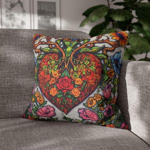 Enchanted Heart Faux Suede Square Pillow Case - Psychedelic Floral Cover, Mystical Tree of Life Cushion Sham, Vivid Art Pillow Cover