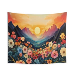 Mountain Sunset Tapestry, Colorful Floral Boho Wall Decor, Vibrant Wildflower Landscape Hanging Art, Dorm Room Decoration, Nature Lover Gift