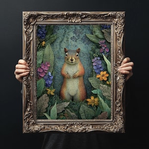 Pôster de arte com esquilo excêntrico, decoração para amantes da natureza, arte de parede com animais fofos, ilustração botânica, presente para entusiastas da vida selvagem