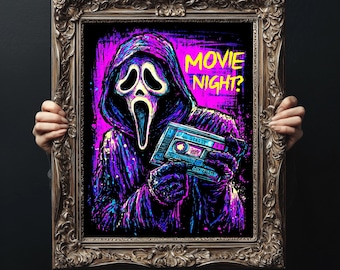 Scary Movie Night Scream Poster Print , Vintage Psychedelic Horror Wall Art, Home Theater Decor,