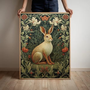 Rabbit Print Poster, Nature Green Wall Art , Woodland Decor, Rustic Home Accent, Boho Art Print, Easter Gift Idea, Animal Lover Decoration