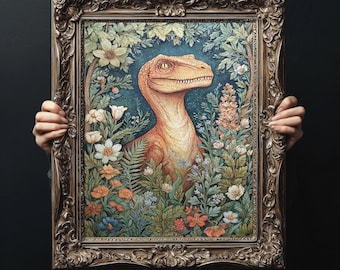Dinosaur Wall Art Print Floral Poster | Retro Decor, Kids Room Unique Art , Dino Lovers,