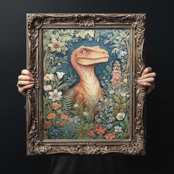 Dinosaur Print Floral Matte Vertical Nature Poster | Retro Home Decor, Kids Room Art, Unique Wall Art, Gift Dino Lovers, Botanical Design
