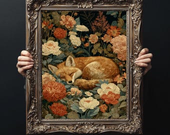 Sleeping Fox Art Print, William Morris Inspired Floral Wall Decor