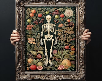Gothic Skeleton Poster Botanical Wall Art Print,  Halloween Decor