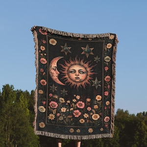 Couverture tissée bohème soleil et lune, jeté soleil et lune, tapisserie céleste, décoration de rêve, cadeau parfait pour les amateurs d&#39;astrologie, décoration intérieure