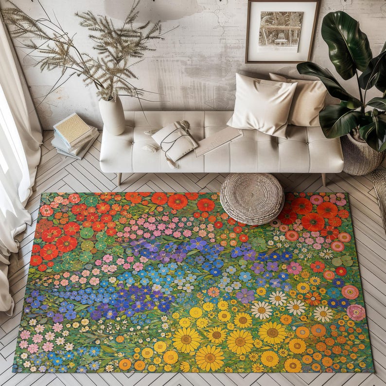 Gustav Klimt Inspired Vintage Floral Area Rug | Colorful Botanical Flower Meadow Carpet Pattern image 1