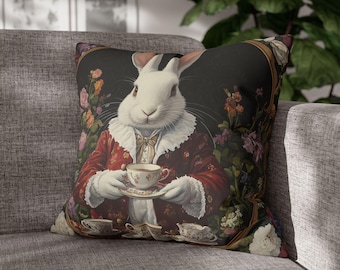 Federa per cuscino con il Coniglio Bianco di Alice nel Paese delle Meraviglie, decorazione per tea party vittoriano, cuscino in finta pelle scamosciata