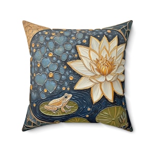 Lotus Flower Pillow , Faux Suede Gold Pillow , Home Decor, Nature Inspired, Greenery, Frog Design, Gift for Plant Lovers, Meditation Retreat