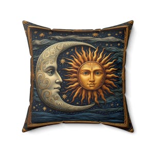 Celestial Sun and Moon Pillow, Decorative Sofa Faux Suede Pillow Case , Boho Home Astrology Decor,  Sun and Moon Cushion, Bohemian Throw