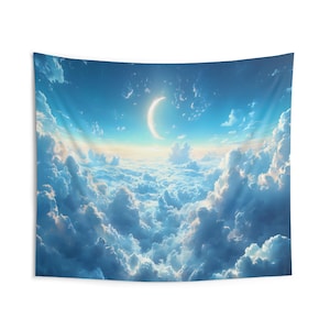 Crescent Moon Above Clouds Tapestry - Dreamy Celestial Moon Art Wall Hanging, Cloudscape Decor, Ethereal Tapestry, Home Wall Art,