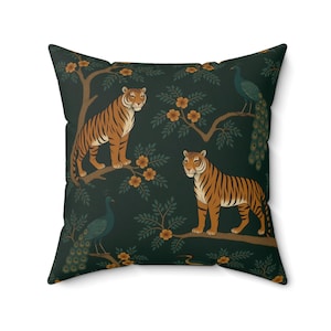 Jungle Pillow, Tropical Green Chic Faux Suede Square , Home Decor, Tiger Print Cushion, Bohemian Style Pillow Cover, Gift for Nature Lovers