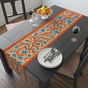 Floral Table Runner , William Morris Style Orange Blue Elegant Cotton/Poly Design for Dining, Weddings, Home , Events, Spring Celebrations