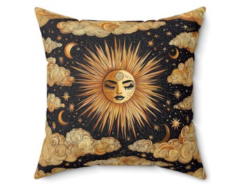 Cojín Sol y Luna Celestiales / Cojín decorativo de astrología bohemia