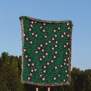 Luxurious Floral Flower Dark Green Woven Blanket, Wall Tapestry , Botanical Cottagecore Leaf Pattern Throw Home Décor, Gift , Soft Blanket