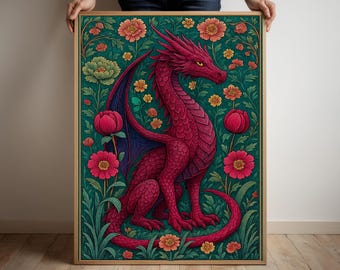 Red Dragon Wall Art Poster Print , Mystical Medieval Decor, Fantasy Mythical Dragons