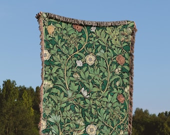 Botanical Woven Cotton Throw Blanket, Green Floral Cottagecore Decor