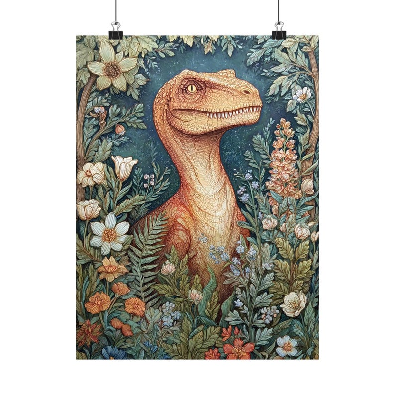 Dinosaur Wall Art Print Floral Poster | Retro Decor, Kids Room Unique Art , Dino Lovers, image 7