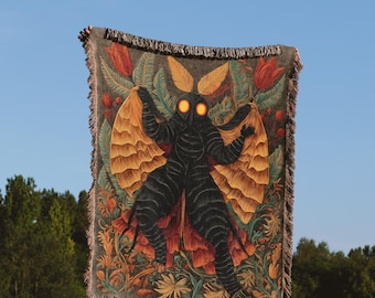 Tapiz de manta de polilla, manta tejida de Cryptid, diseño cottagecore natural, manta de camping, colcha