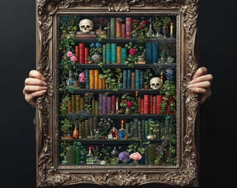 Gothic Bookshelf Skull Art Print, Dark Academia Library Decor