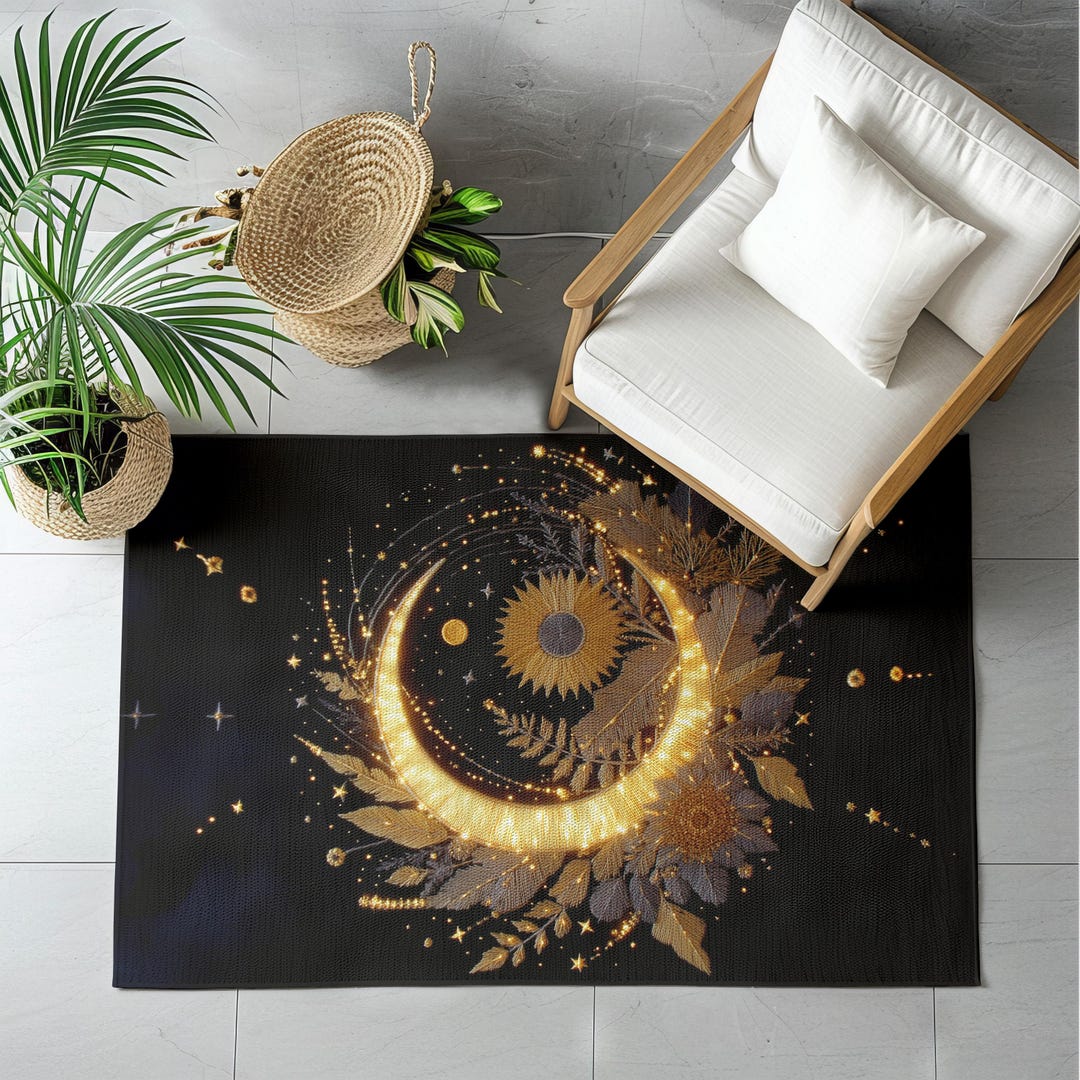 Celestial Rugs Golden Crescent Moon Floral Celestial Area Rugs | Sunflower Boho Gothic ...