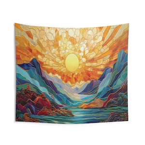 Mountain Sunrise Tapestry - Indoor Wall Tapestries, Artistic Abstract Landscape Wall Hanging, Vibrant Sun Art, Bohemian Mountain Decor,