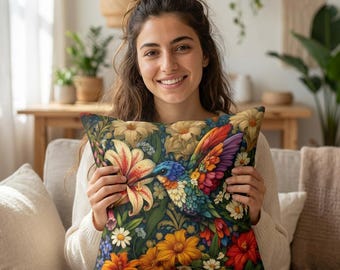 Cojín decorativo con estampado floral de colibrí / Funda de almohada cuadrada de imitación de gamuza con diseño de pájaro