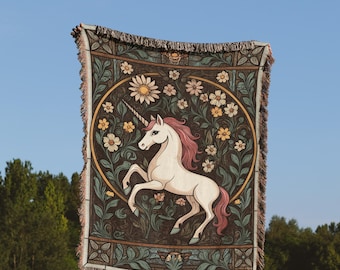 Manta de tapeçaria medieval com unicórnio, manta floral tecida.