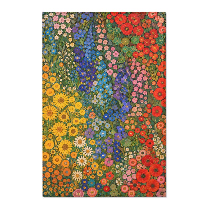 Gustav Klimt Inspired Vintage Floral Area Rug | Colorful Botanical Flower Meadow Carpet Pattern image 2