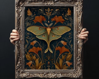 Floral Luna Moth Poster Print , Wall Art, Home Decor